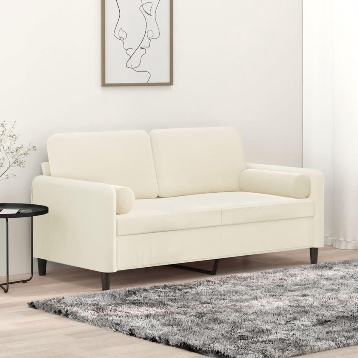 2-zitsbank, 140 cm, fluweel, crème, met sierkussens, afneembare hoezen, robuust metalen frame, zacht velours, woonkamermeubels, comfortabele bekleding