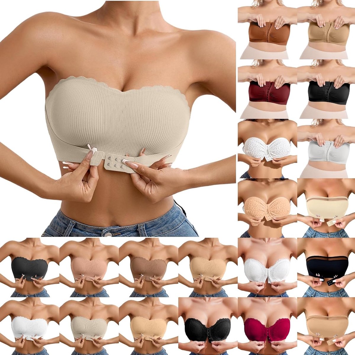 Damen Trägerloser BH Push up Mit Vorderer Schnalle Ohne Bügel Bustier Seamless Soft Super Bequemer Bandeau BH Starker Halt rutschfest Trägerloses Tops Ohne Träger Tube Top Damen