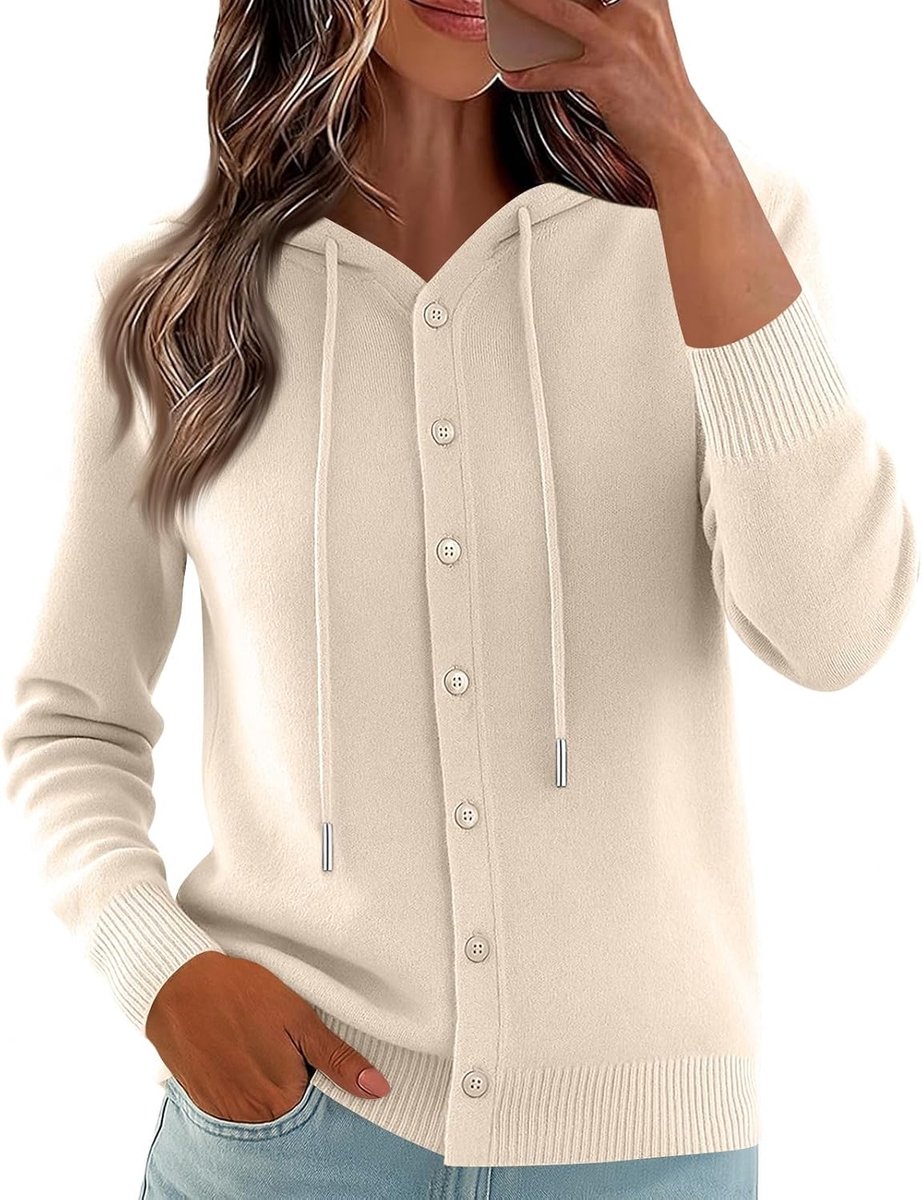 Pullover Hoodie Damen Langarm Elegant Strickjacke mit Kapuze | Loose Fit Strickjacke mit Durchgehender Knopfleiste Pulli Einfarbig Basic Bluse Herbst Kapuzenpullover Tops