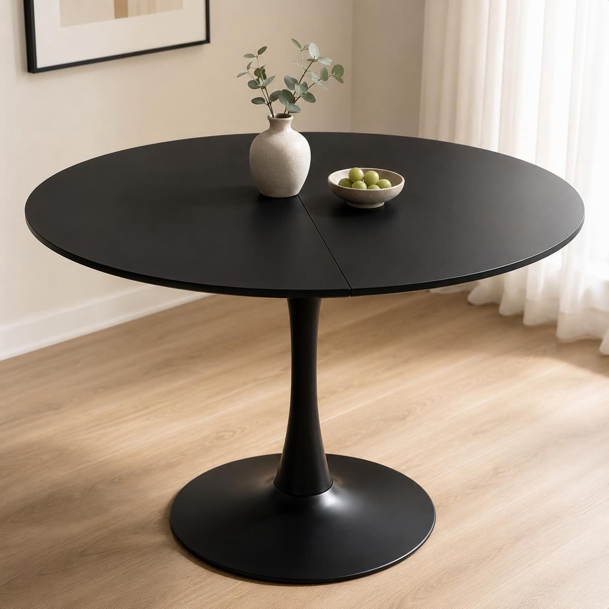 Eettafel rond 110 cm – Moderne ronde eettafel, ronde keukentafel in tulpendesign voor 4–6 personen, woonkamertafel bistrotafel tuintafel MDF hout met vaste standplaats, zwart