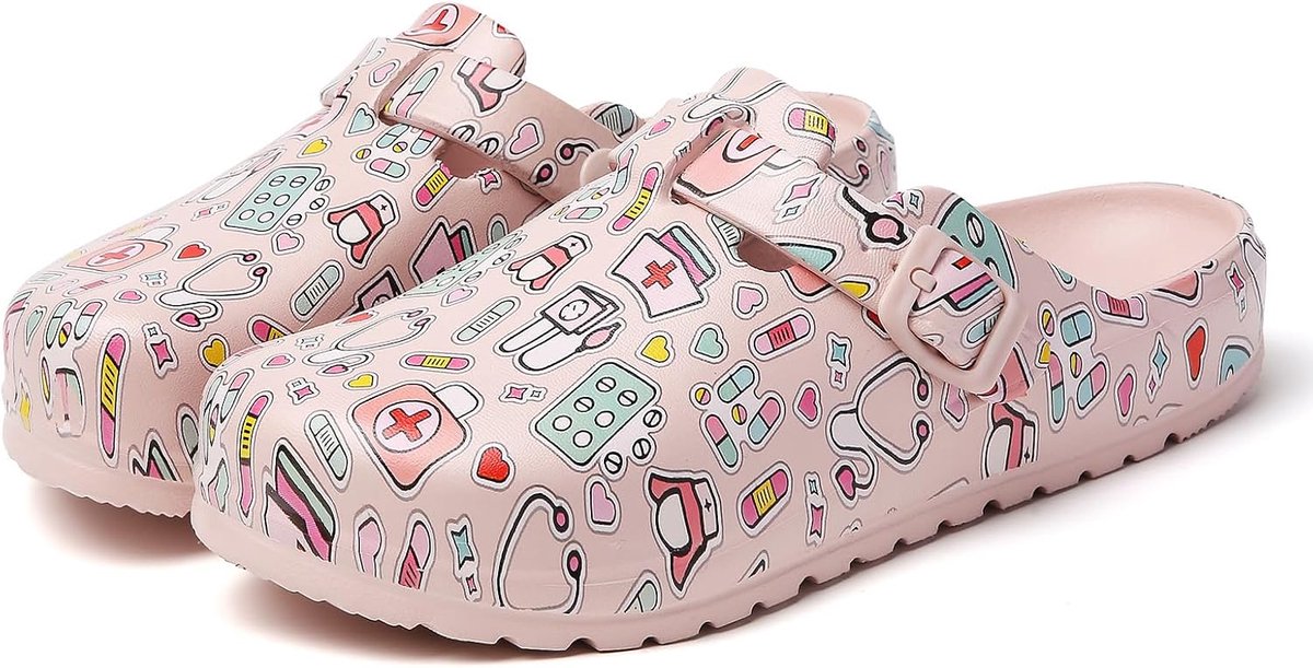 Verpleegsterklompen voor dames, met print, instappers, waterdicht, licht, duurzaam, antislip, comfort, voor lange werkploegen