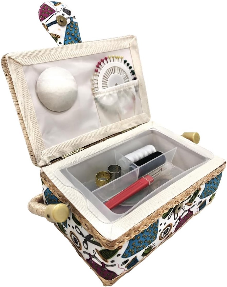 naaidoos met naai-accessoires, gevoerd met stof, met vakken, volledige naai-doos, cadeau voor moeders, vrienden, zussen (jurk, klein)