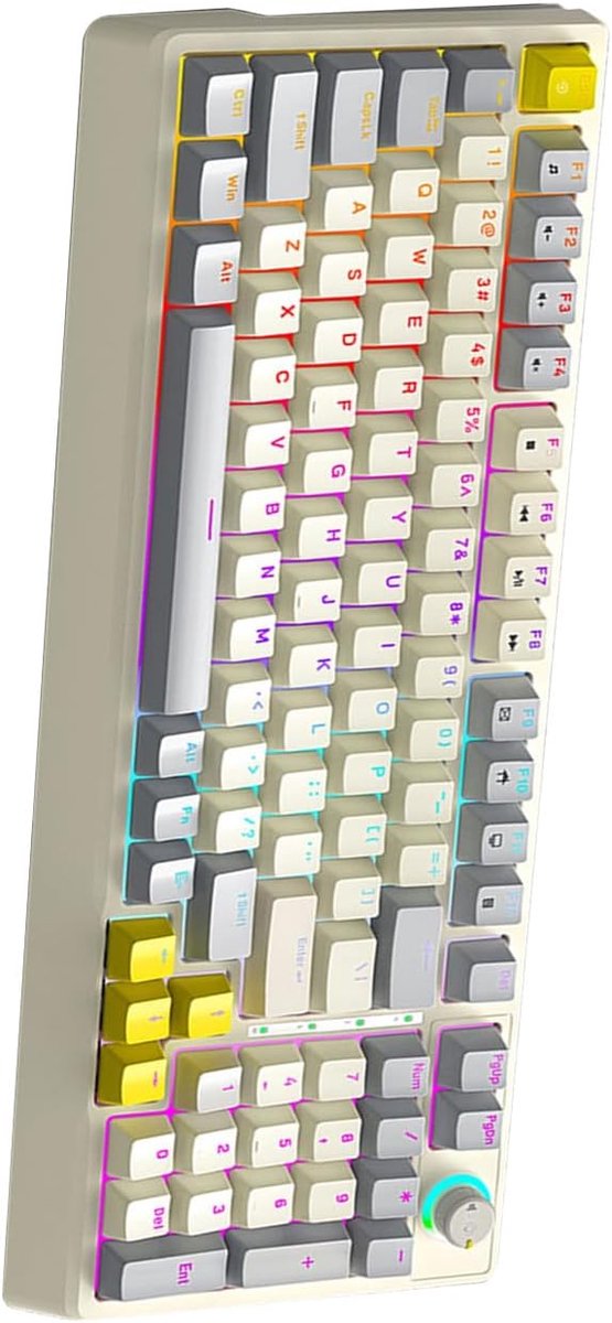 Hot-swappable Toetsenbord, RGB Mechanisch Toetsenbord met Dynamische Verlichting en Ergonomisch Ontwerp, 98 Toetsen voor Pc-gaming, Typen en Werk, met Sockets v (Grijs Beige Geel)