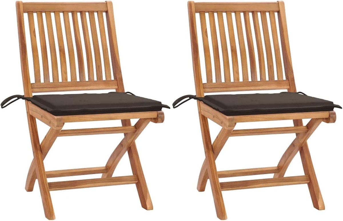 Tuinstoelen 2 stuks met kussens, set 2 klapstoelen, klapstoel met rugleuning, buitenstoelen voor balkon, stoel van massief teakhout, kleur kussen: taupe