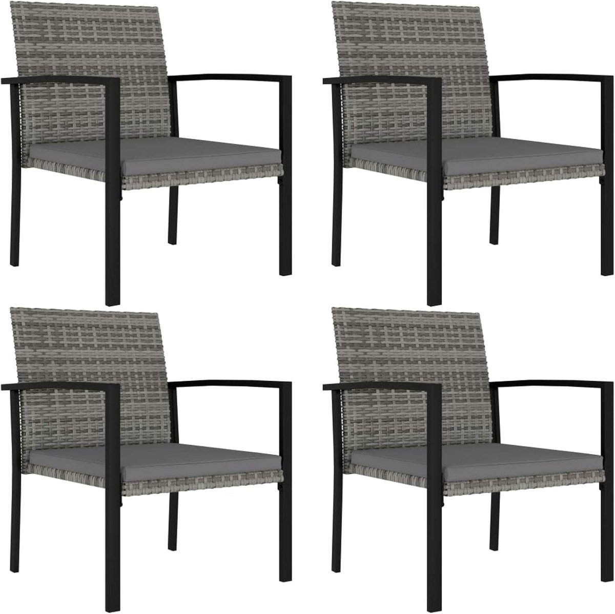Set van 4 tuinstoelen met kussens met stalen frame, stoel van rotan, voor buiten, voor balkon en tuin, grijs