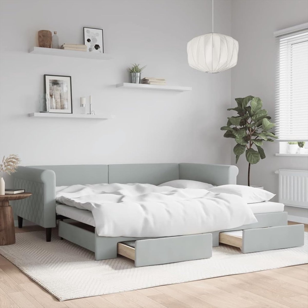 Uittrekbare slaapbank, laden, lichtgrijs, 100 x 200 cm, fluweel, uittrekbaar bed, slaapbank van hout, intrekbare slaapbank, slaapbank met lattenbodem