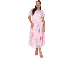 Deluxe Dames Midaxi Jurk Dames Bloemen Kant Ronde Hals Korte Pofmouwen Lace-up Back A-lijn Bruiloft Gast Prom Gelegenheid, roze, 44