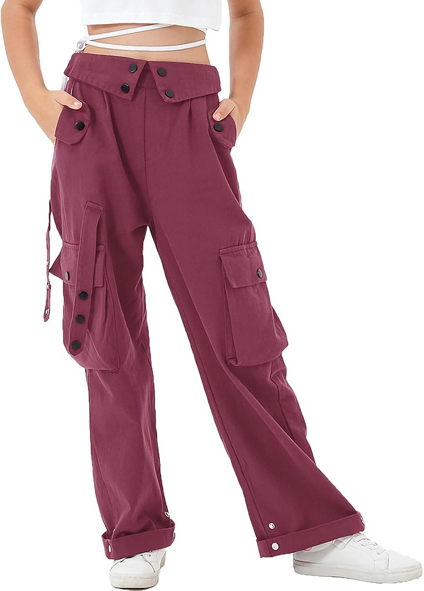 Baggy cargobroek voor meisjes, elastische taille met meerdere zakken, wijde pijpen, cargobroek voor kinderen