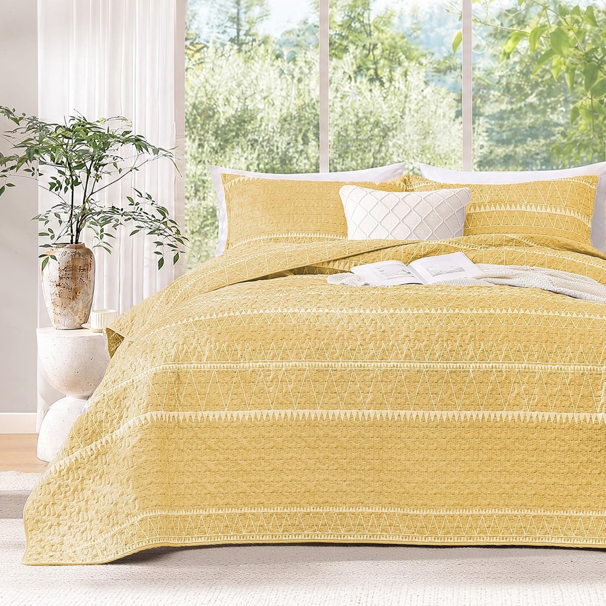 Gele dekbedovertrekset, oversized kingsize (118 x 120 inch), 3 stuks (1 gestreepte driehoek bedrukte dekbed en 2 kussenslopen), Boheemse zomer lichtgewicht omkeerbare microvezel sprei