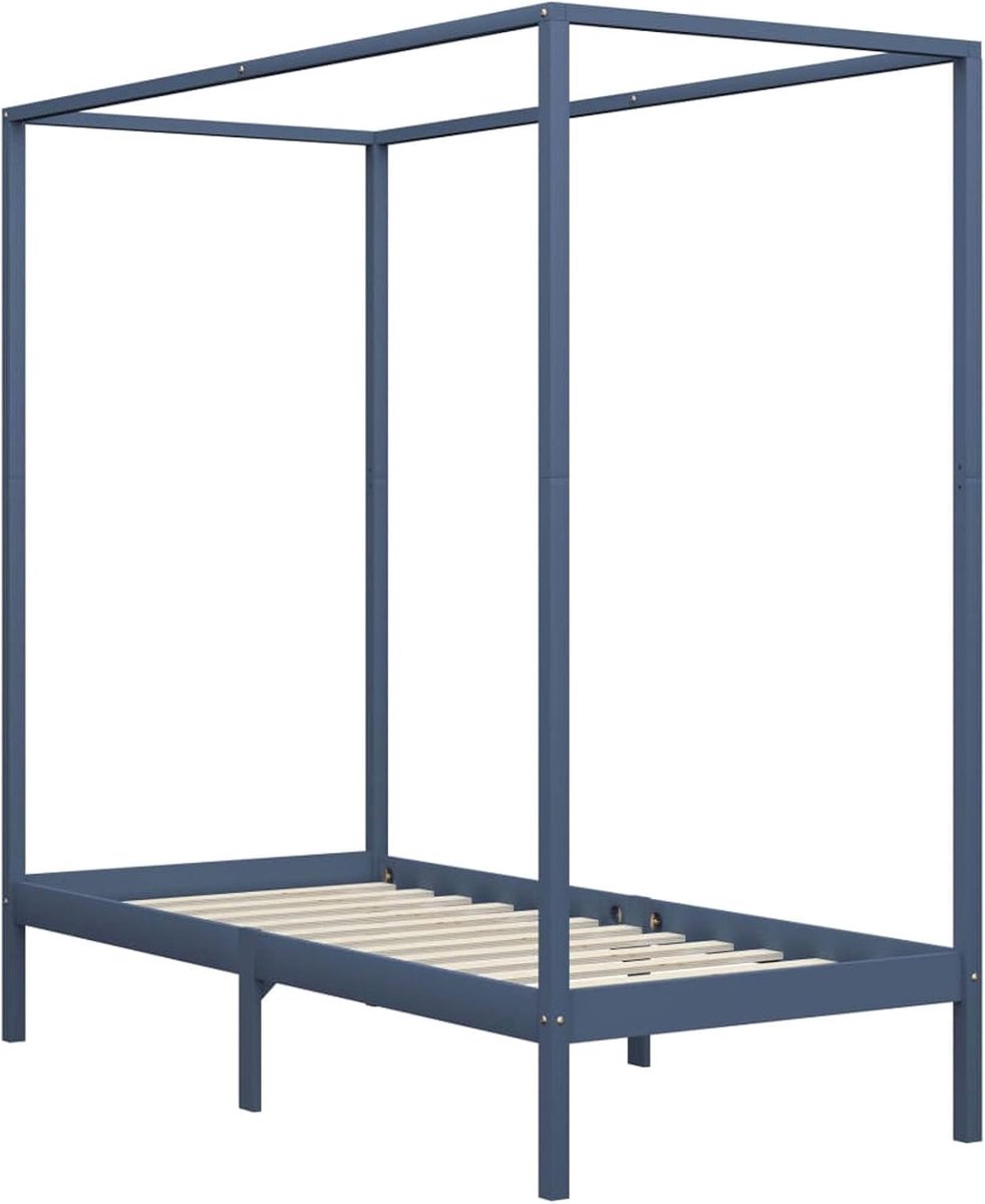 Hemelbed, eenpersoonsbed, bedframe voor slaapkamer, huis van massief hout, grenen, grijs, 100 x 200 cm