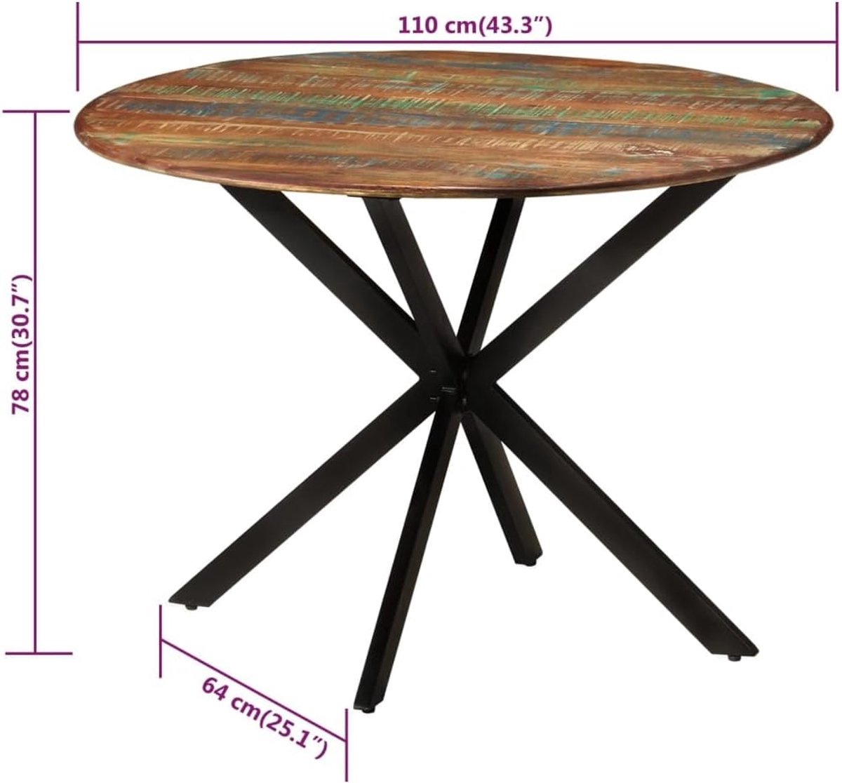 Eettafel Ø110x78 cm oud hout massief en staal eettafel eetkamermeubel voor woonkamer
