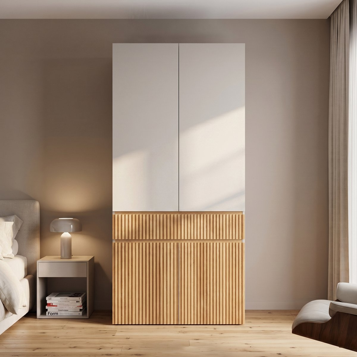 Welltin Kledingkast met draaideuren - Kledingkasten - 200 cm - Grote kledingkast - Garderobekast - Met opbergvak - Met Hanggedeelte - Inclusief wasdroogrek - Moderne hog - moderne hoge kast - Licht eiken kleur Wit
