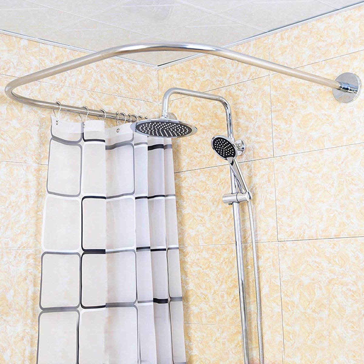 Douchestang voor badkuipen en douchekoppen, roestvrij staal, U-vorm, telescoopstang met douchegordijn voor badkamer en toilet