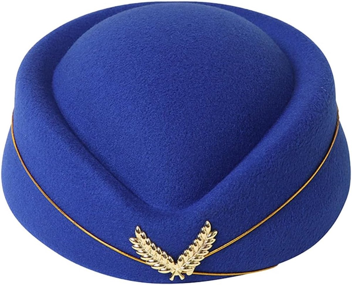 stewardess-hoed voor dames, vilten stewardess-pet, luchtgastvrouwpetten, kostuumaccessoire voor cosplay, Halloween-feest (blauw)