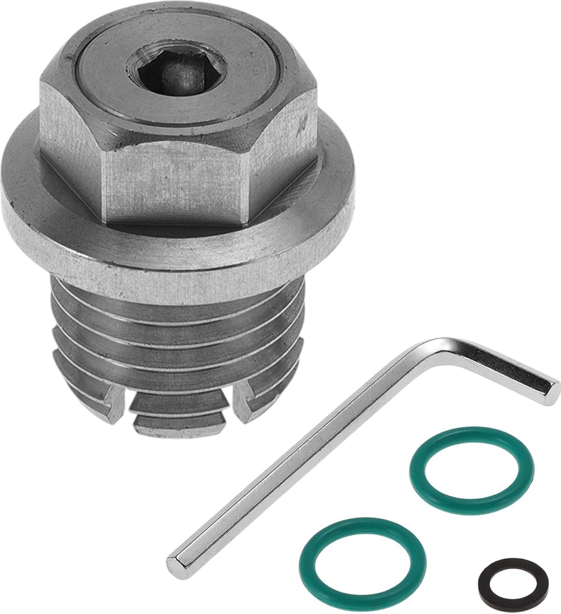 M18,1 x 2 afvoerbout voor oliecarter van roestvrij staal, schroefdraadreparatie, 1 x inbussleutel, 2 x groene sluitringen, 1 x zwarte sluitring