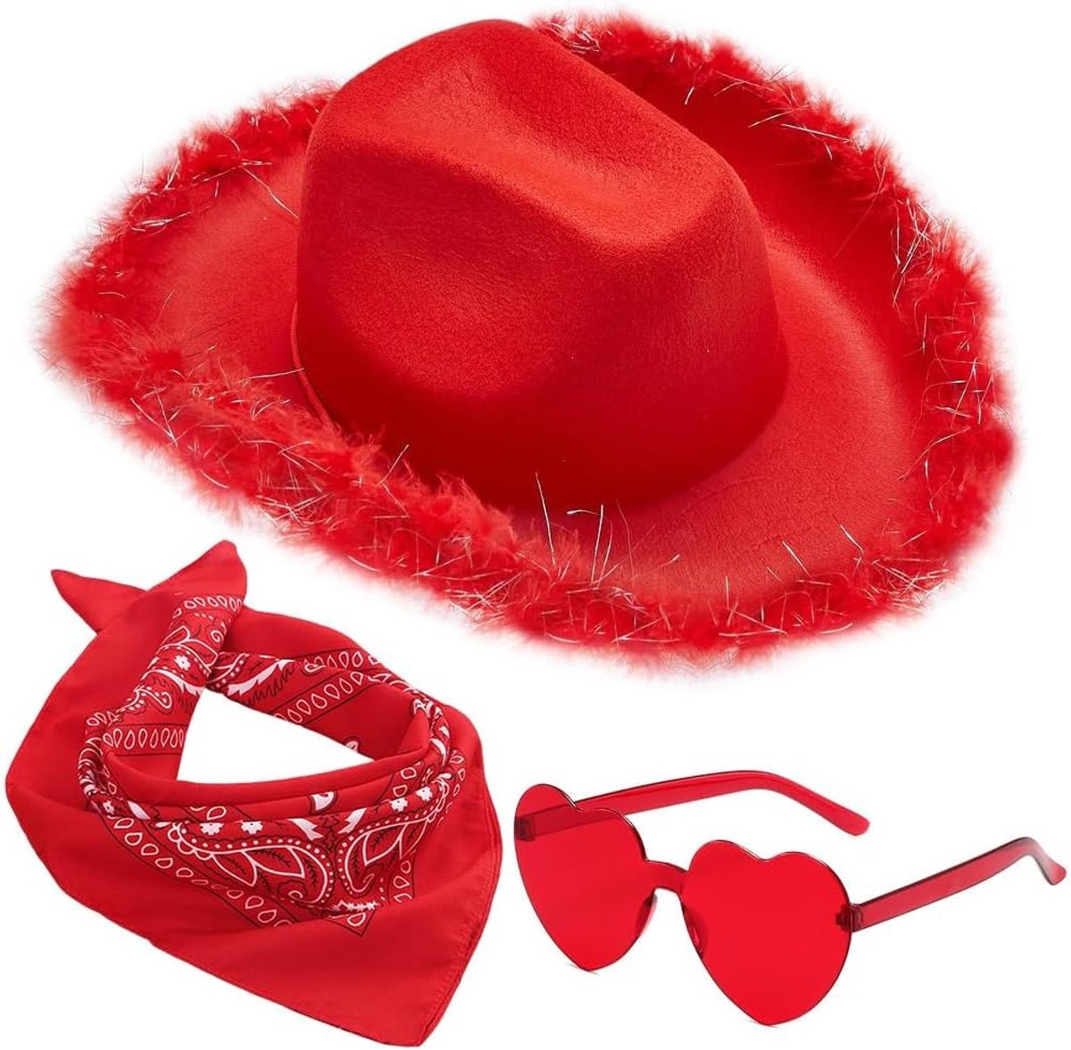 Cowboyhoeden voor vrouwen, pluizige cowboyhoed met verenrand, hartvormige zonnebril, bandana voor vakantie, kostuumfeest, spelen, verkleedpartij, Halloween cosplay
