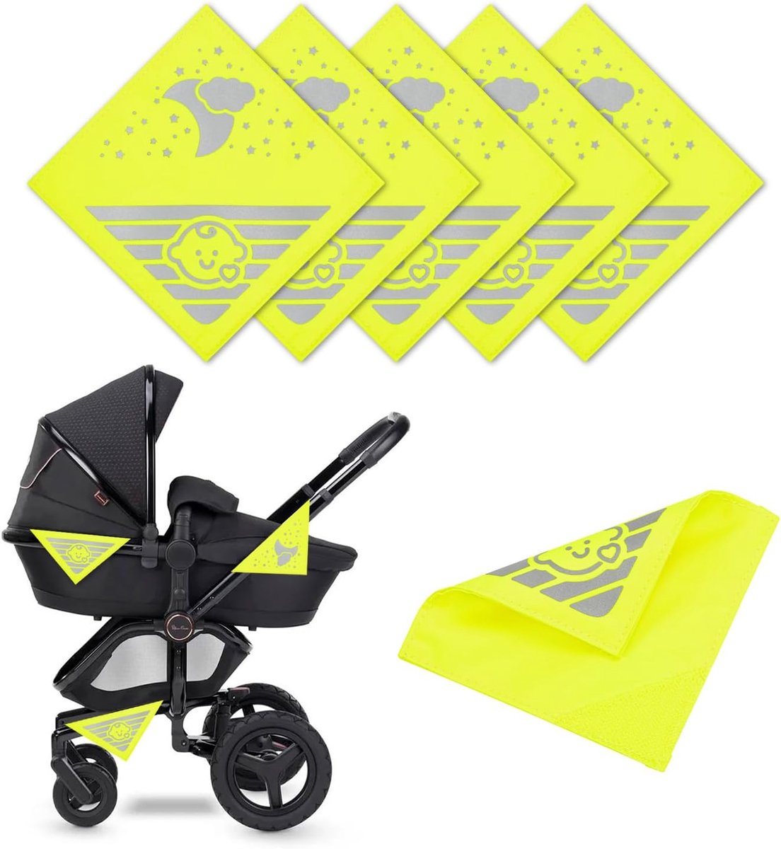 6 stuks kinderwagenreflectoren, universele reflectoren voor kinderwagen met klittenbandsluiting voor kinderwagen, fietsen, aanhangers enz., met schattige baby en wolken, maan en stermotieven, neongeel