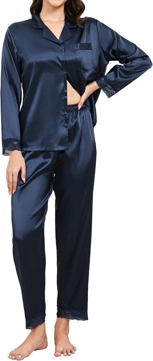Damespyjamasets met lange mouwen, zijden pyjama's voor dames, sets van zacht satijn, button-down, pyjamasets, kanten loungewear voor alle seizoenen, S-XXL