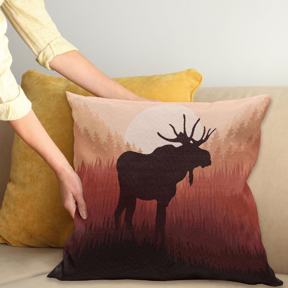 ABAKUHAUS Elch Kussenhoes, Bos Antlers Wild Hert, voor de Binnen of Buiten Gebruik Geschikt met Ritssluiting Wasbare Stof, 60 x 60 cm, Perzik en Bruin