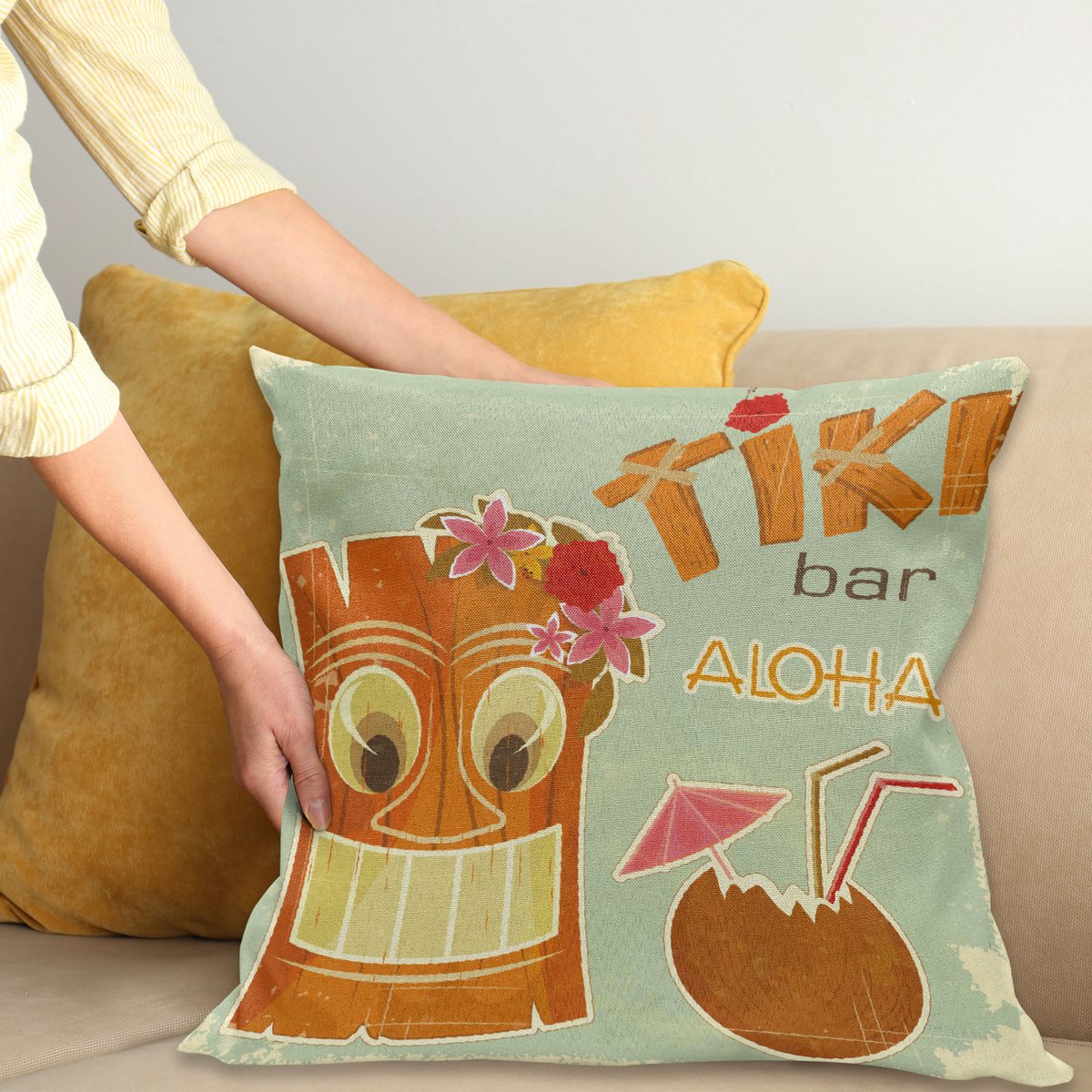 ABAKUHAUS Tiki Bar Kussenhoes, Getränke Maske Flora, Met Ritssluiting, Wasbaar, Dubbelzijdige Digitale Print, Heldere Kleuren, Hoogwaardige Stof, 40 x 40 cm, Meerkleurig