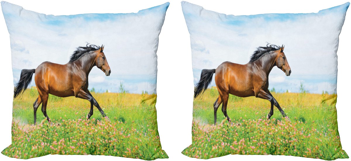 ABAKUHAUS Reiter Sierkussenhoes Set van 2, Pferd ländliche Bloemen, Modern Accent Dubbelzijdige Digitale Print, 50x50, Groen Bruin Babyblauw