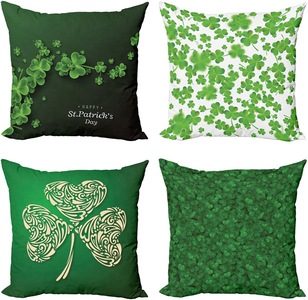 ABAKUHAUS St. Patrick Tag Sierkussen Kussenhoes 4 er Set, Bladeren van Clovers, Modern Accent Dubbelzijdige Digitale Print, 40 x 40 cm, Donkergroen Groen Wit