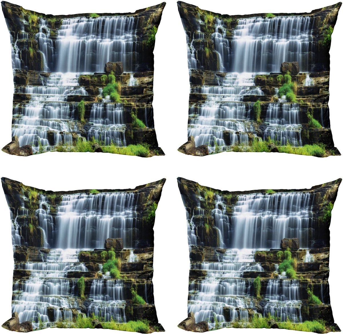 ABAKUHAUS Tropisch Sierkussen Kussenhoes 4er Set, Wasserfall Jungle Rural, Modern Accent Dubbelzijdige Digitale Print, 45 x 45 cm, Groen Wit