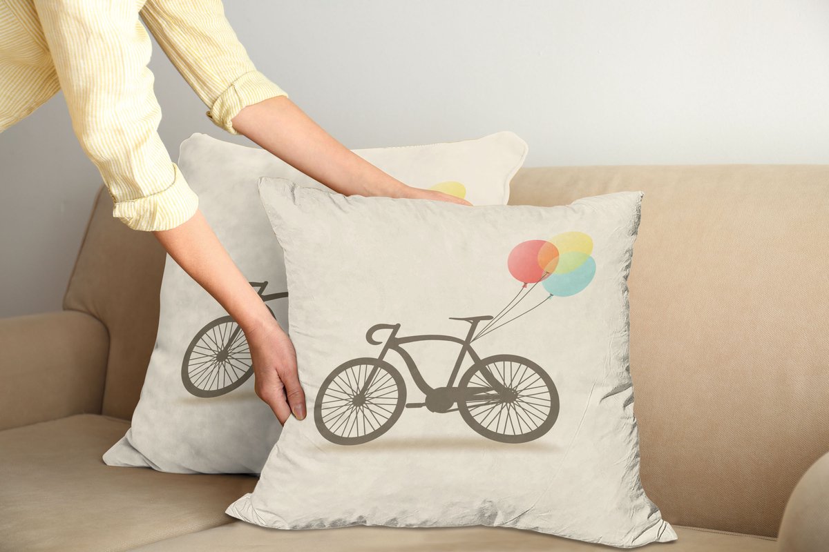 ABAKUHAUS Bike-Feest Kussenhoes 2er-Set, Fiets en Luftballons, Kussenhoes met Ritssluiting en Dubbelzijdige Print, 60 x 60 cm, Champagner Meerkleurig