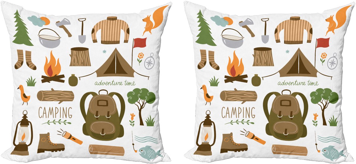 ABAKUHAUS Avontuur Sierkussenhoes Set van 2, Camping-Ausrüstung, Modern Accent Dubbelzijdige Digitale Print, 45x45, Meerkleurig