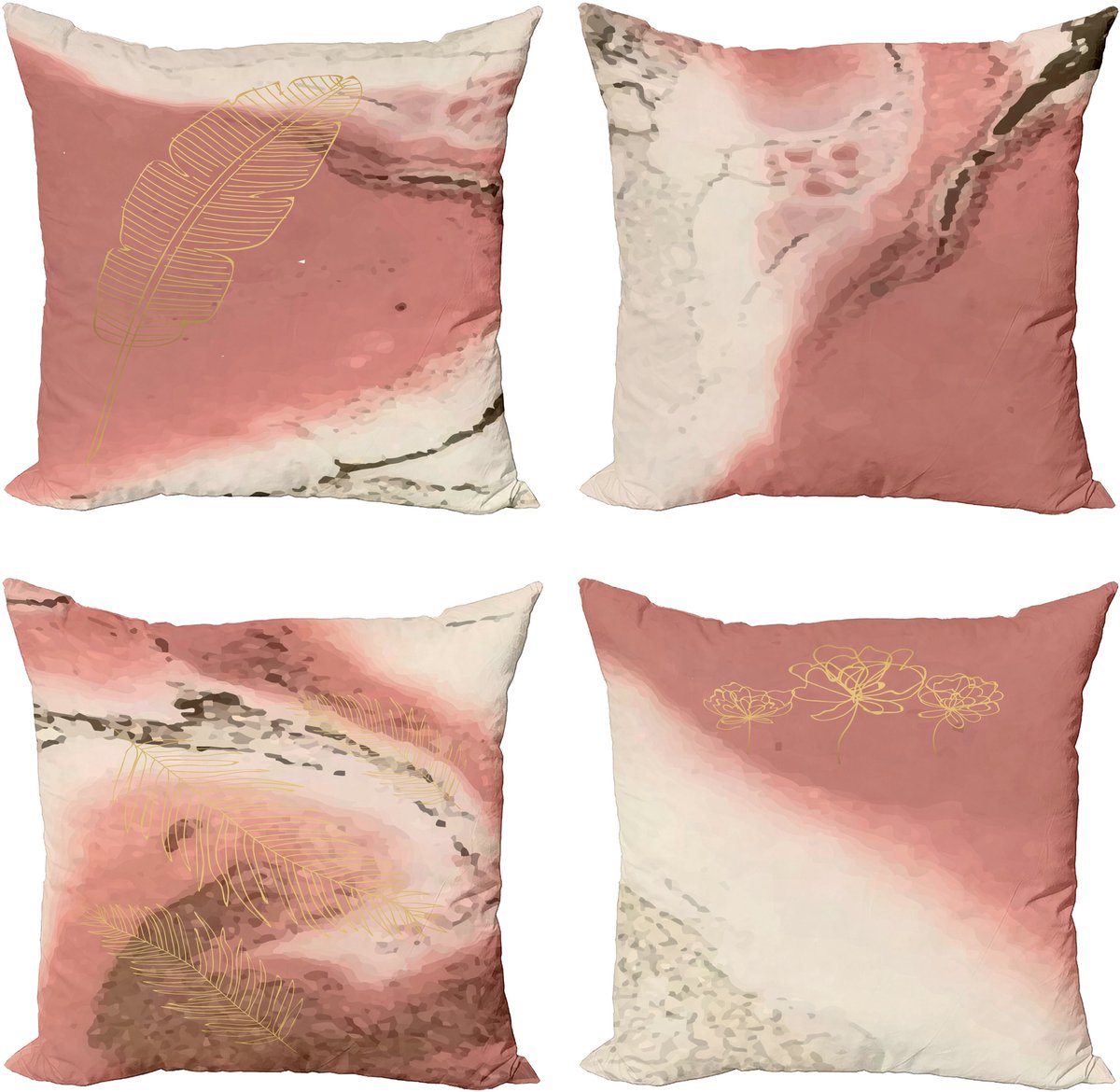 ABAKUHAUS Bohème Sierkussen Kussenhoes 4er Set, Blättriger, verschwommener Marmordruck Modern Accent Dubbelzijdige Digitale Print, 50 cm x 50 cm, Lachsfarbenes Eierschalengrün en Mosterd