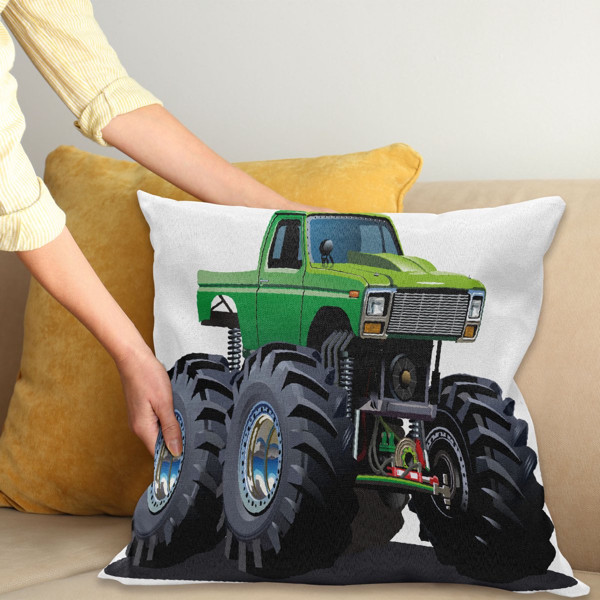 ABAKUHAUS Karikatuur Kussenhoes, Monster Pickup Truck, voor de Binnen of Buiten Gebruik Geschikt met Ritssluiting Wasbare Stof, 40 x 40 cm, Groen Grijs