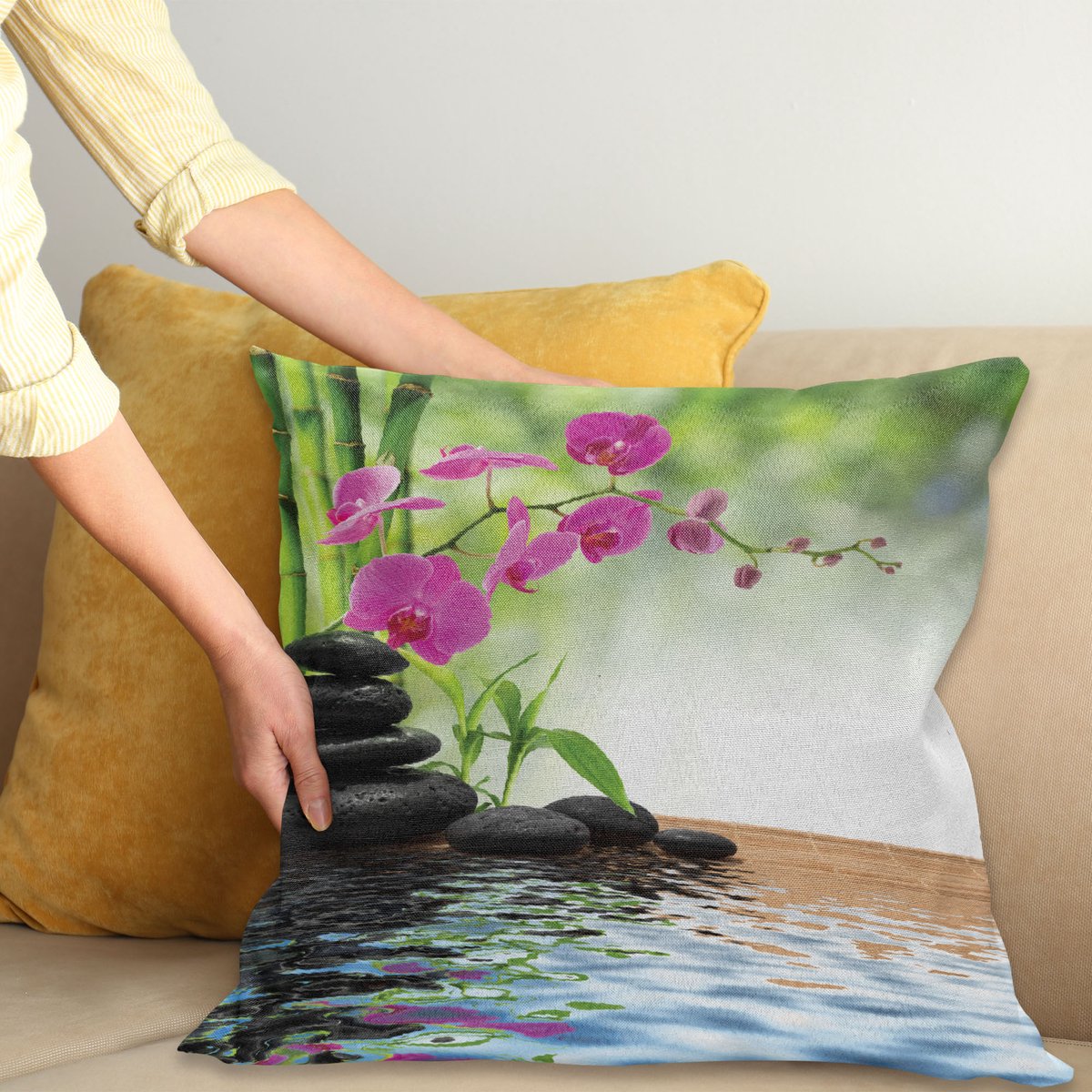ABAKUHAUS Spa Kussenhoes, Bamboe-Boom Orchid Steine, Wasbare Kleurechte Kussenhoes met Digitale Dubbelzijdige Print en Ritssluiting, 40 x 40 cm, Houtskoolgrijs Lindgrün