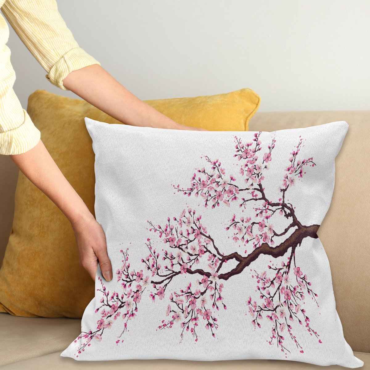 ABAKUHAUS Japan Kussenhoes, Sakura Zweig Bloesems, Wasbare Sierkussenhoes voor Binnen/Buiten, Dubbelzijdige Print met Ritssluiting, 60 x 60 cm, Roze Donkerbruin