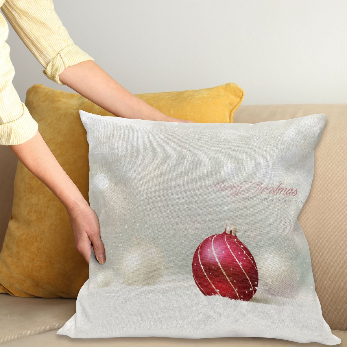 ABAKUHAUS Kerstmis Kussenhoes, Flitter met Lijnen, Digitale Print, Waterbestendig, Kleurecht, Wasbare Kussenhoes met Ritssluiting, 50 x 50 cm, Rubin Eggshell