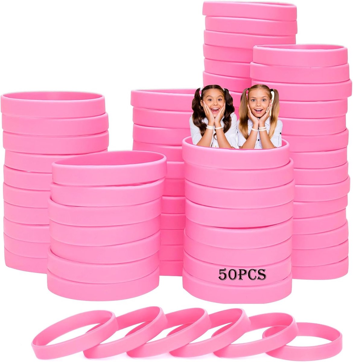 Polsbandjes, 50 stuks rubberen polsbandjes, blanco polsbandjes, universele polsbandset voor kinderen, tieners, sport, geschikt voor 8-12 jaar, Siliconen