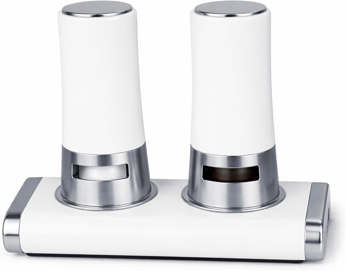 Pepermolens set - roestvrijstalen molen met magnetische houder, incl. stickers, antislip 2-in-1 kruidenmolen, modern design wit zilver voor keuken