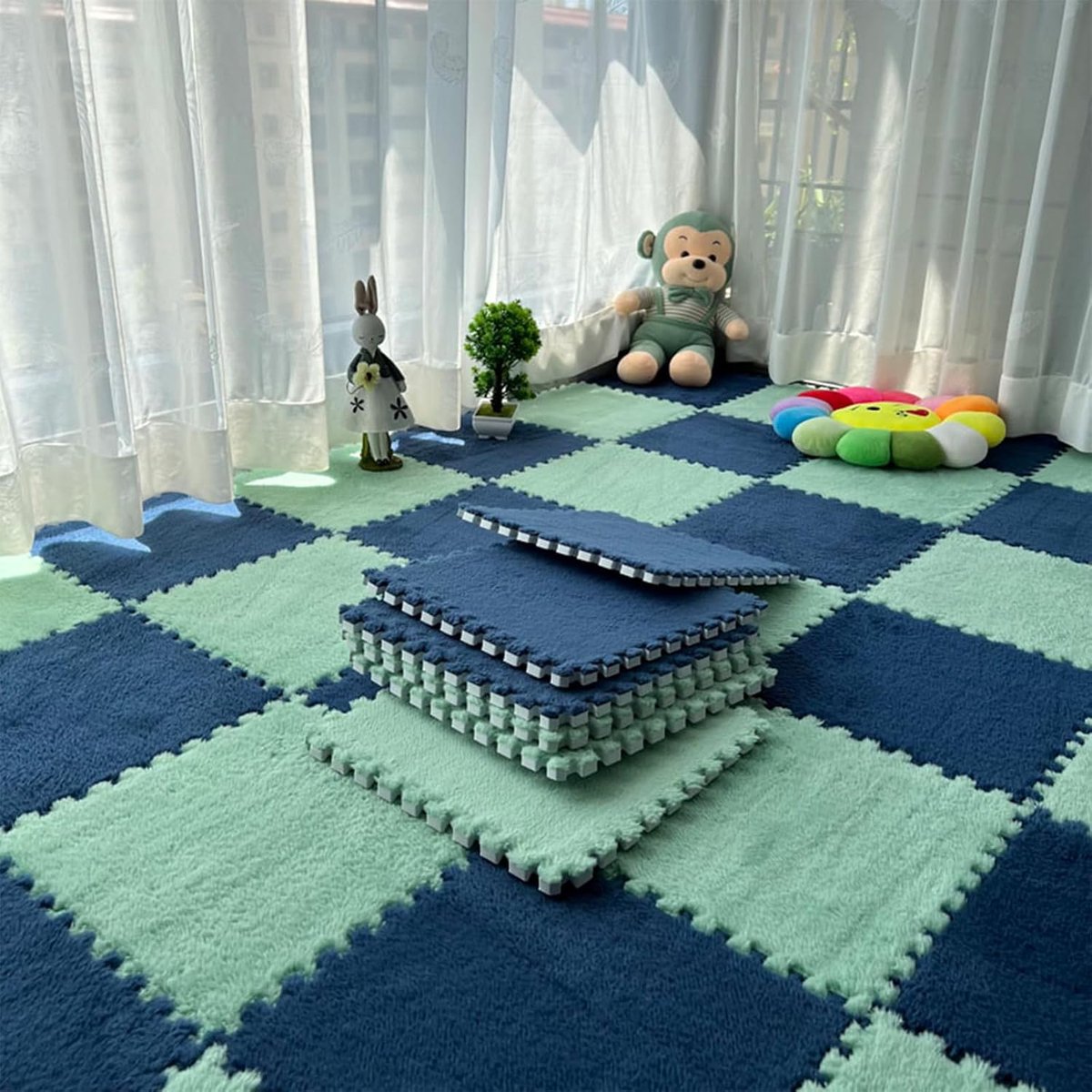 12 stuks tweekleurige in elkaar grijpende pluche schuimrubberen matten, tapijttegels vloermatten met rand, voor woonkamer, slaapkamer, zachte speelmatten, puzzeltapijt (6 mintgroen + 6 marineblauw)
