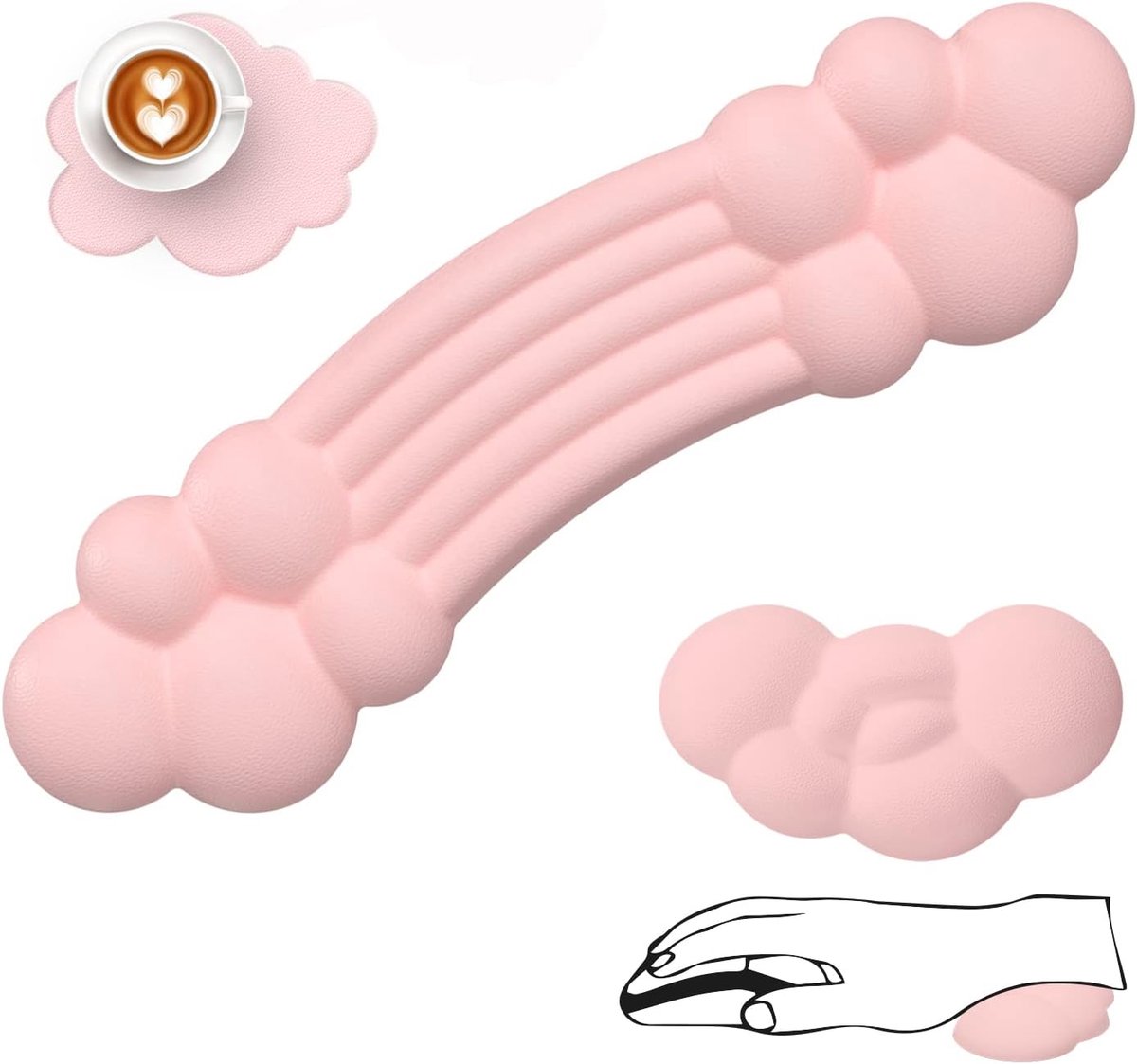 Polssteun Set voor Toetsenbord en Muis, Cloud Toetsenbord Polssteun + Muismat Wrist Rest + Onderzetter, Memory Foam Ergonomisch Wrist Rest voor Typing, Laptop, Kantoor, Werken, Gaming - Roze