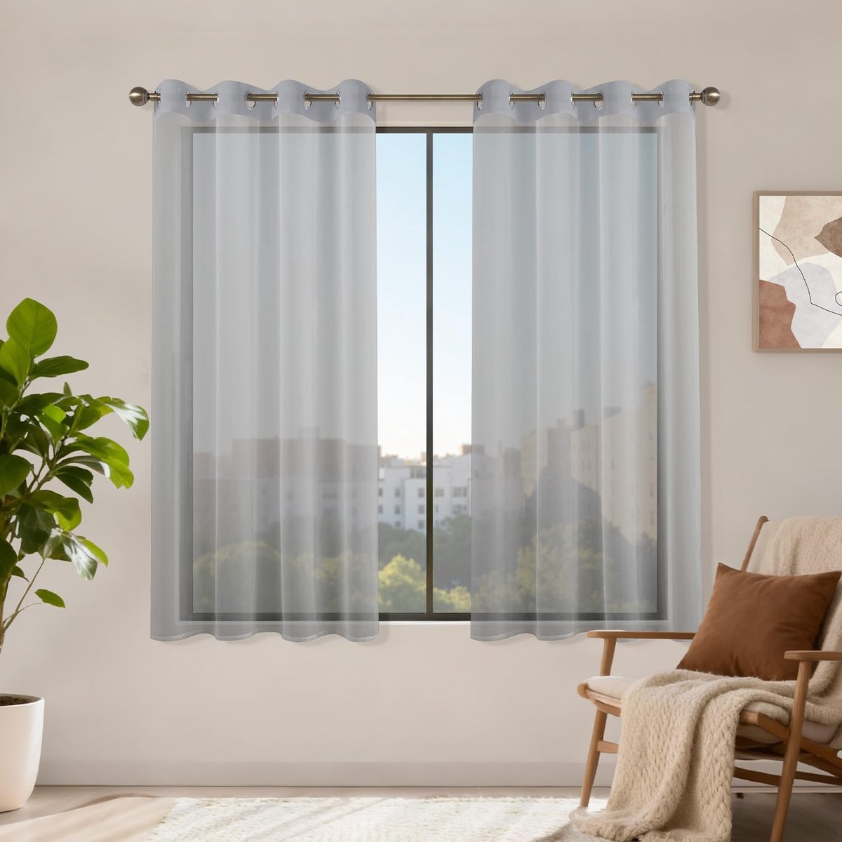 Gordijnen met oogjes set van 2 stuks, H 160 x B 140 stores gordijnen grijs transparant, gordijnen doorzichtig, oogjegordijn kort lusgordijn voor slaapkamer woonkamer keuche sheer