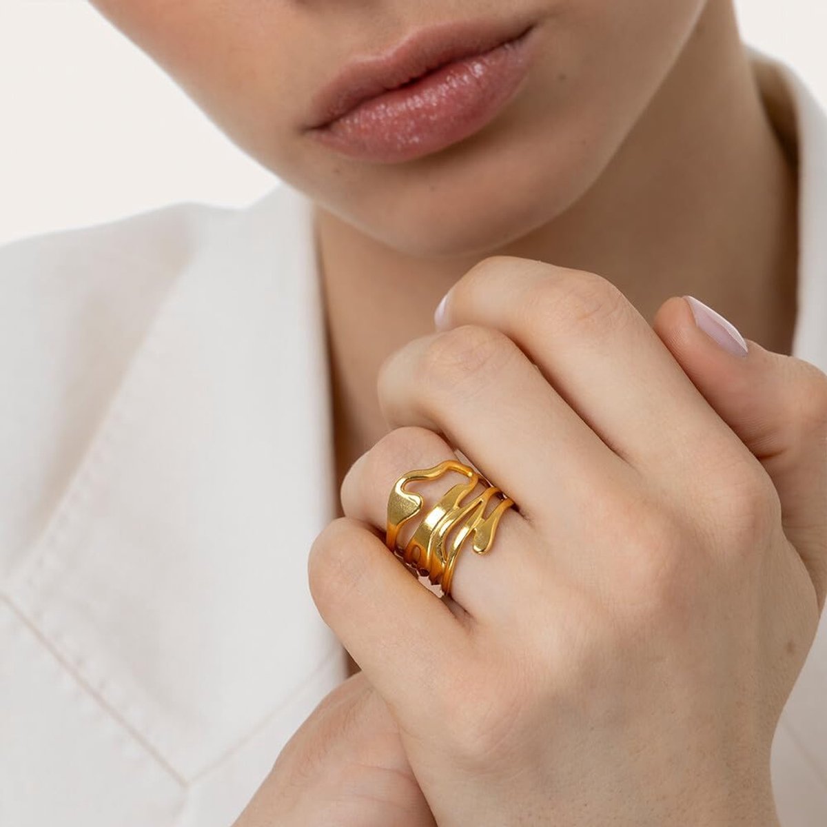 Ring van verguld staal | golfdesign, druppels, ovaal | handwerk | eenheidsmaat verstelbaar