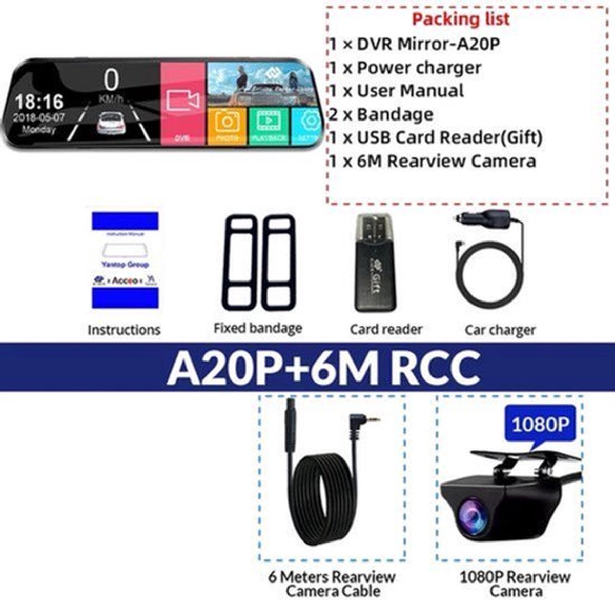 Dashcam voor Auto - 10 Inch Touchscreen Spiegelcamera - 1080P AHD Dashcam met Nachtzicht - G-Sensor - Parkeermodus - Groothoek 170° - Inclusief 6M RCC Achteruitrijcamera - Zwart