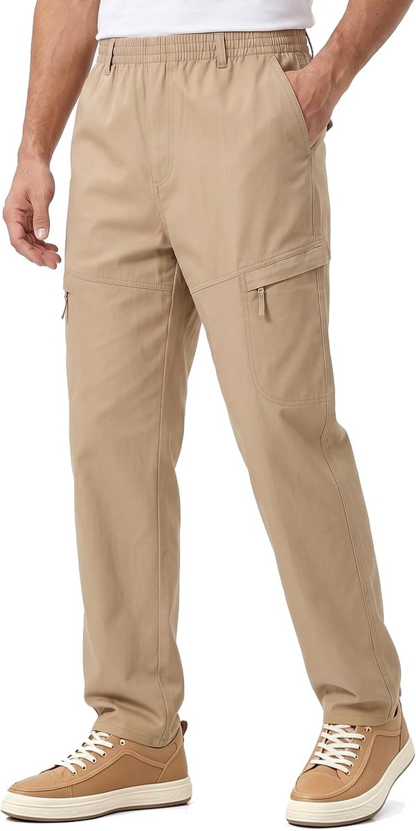 Cargobroek voor heren, chinobroek, 100% katoen, vrijetijdsbroek, licht, rechte snit, casual, joggingbroek met trekkoord en 6 zakken