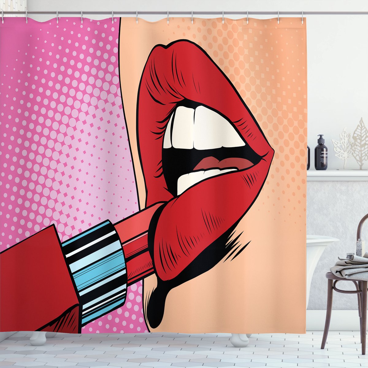 ABAKUHAUS Pop Kunst Douchegordijn, Halftone Comic Pop Kunst Girl, Stoffen Badkamerdecoratieset met Haken, 175 x 180 cm, Meerkleurig
