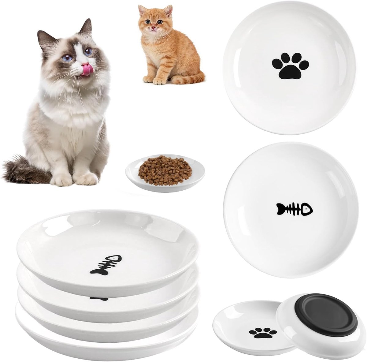 kattenbak, 6 stuks, 15,2 cm, witte platte brede voer, ronde keramische kom voor katten van vermoeidheid van snorharen, met antislip siliconen, voor nat en droog voer