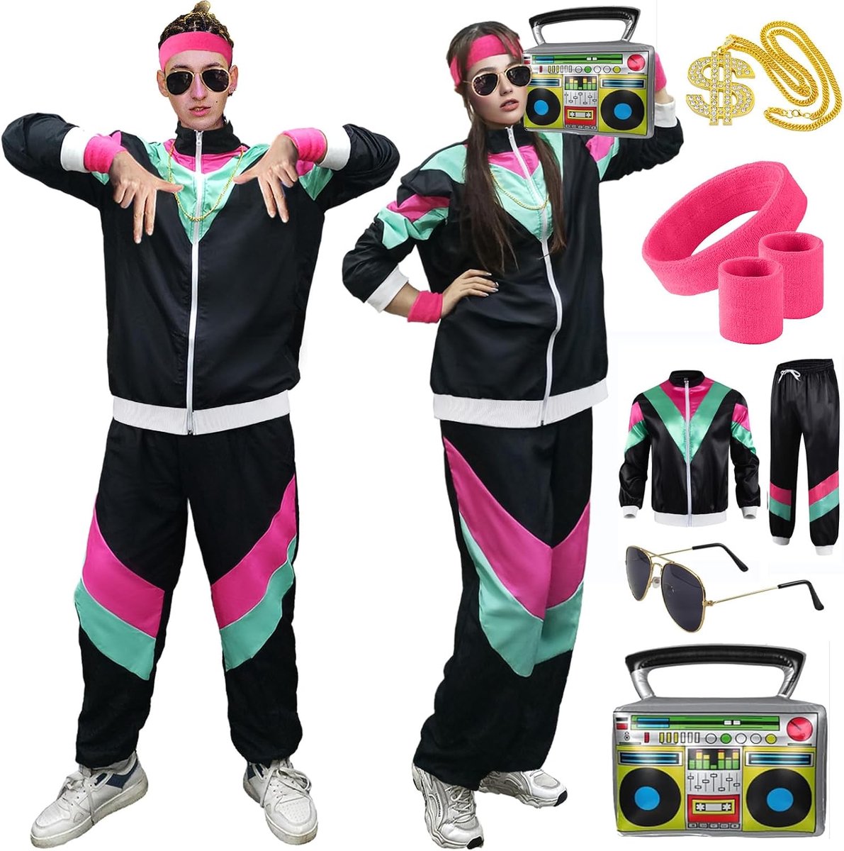 90 en 80 outfit voor heren en dames, retro jaren '90 trainingspak, joggingpak, jaren 80, accessoires, badknoop, kostuum, jas, broek, disco, party, kleding voor jaren 80, 90, themafeest