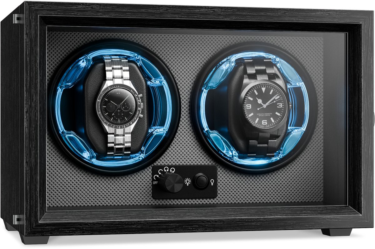 Klarstein Kabel watchwinder voor automatische horloges, automatische watchwinder voor 2 horloges, automatische watchwinder met acryl kijkvenster, automatische watchwinder, blauwe leds, watchwinder met 4 TPD instellingen