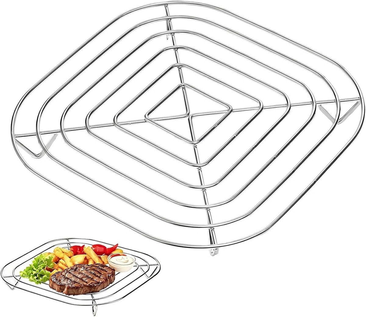 Rooster voor heteluchtfriteuse, roestvrij stalen grillroosters, airfryer-accessoires met roosterdesign, zilveren grillrooster voor Airfryer, voor vaatwasmachinebestendig