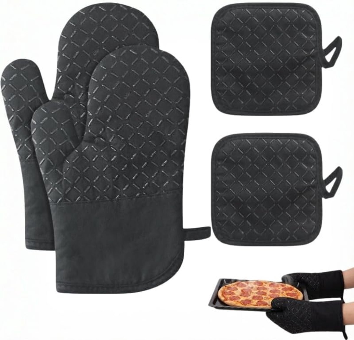 Ovenwanten hittebestendig, 1 paar pannenhandschoenen met 2 pannenlappen