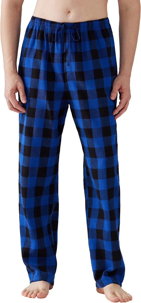 Pyjama voor heren, flanel, katoen, geruite slaap- en loungebroek, pyjamabroek met zakken en knoopgulp