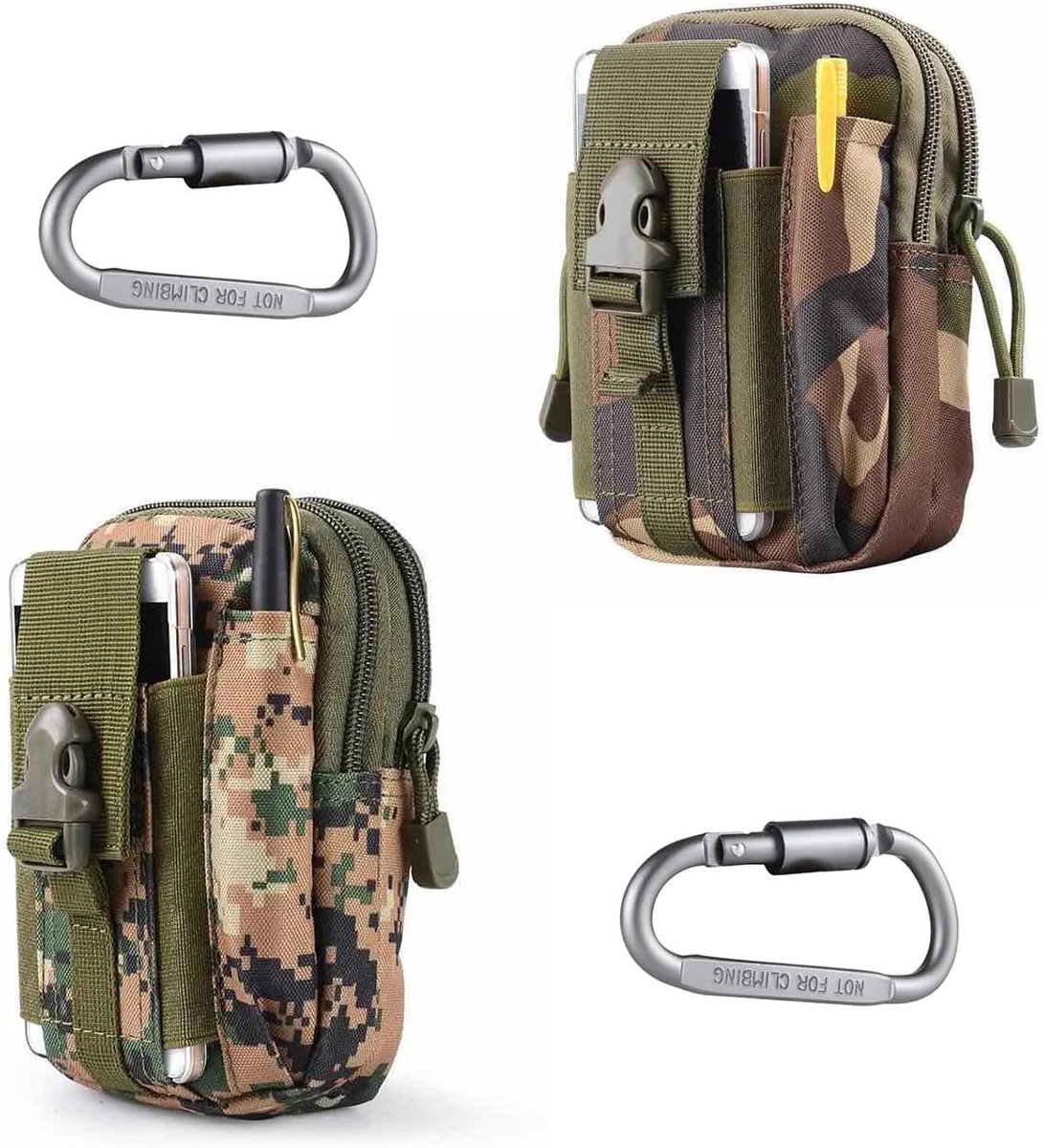 heuptassen, 2 stuks, compacte riemtas, mobiele telefoon, riemtas, tas, EDC-heuptassen, met karabijnhaak, multifunctionele tas voor kamperen, fietsen, klimmen, jagen, vissen, outdoor
